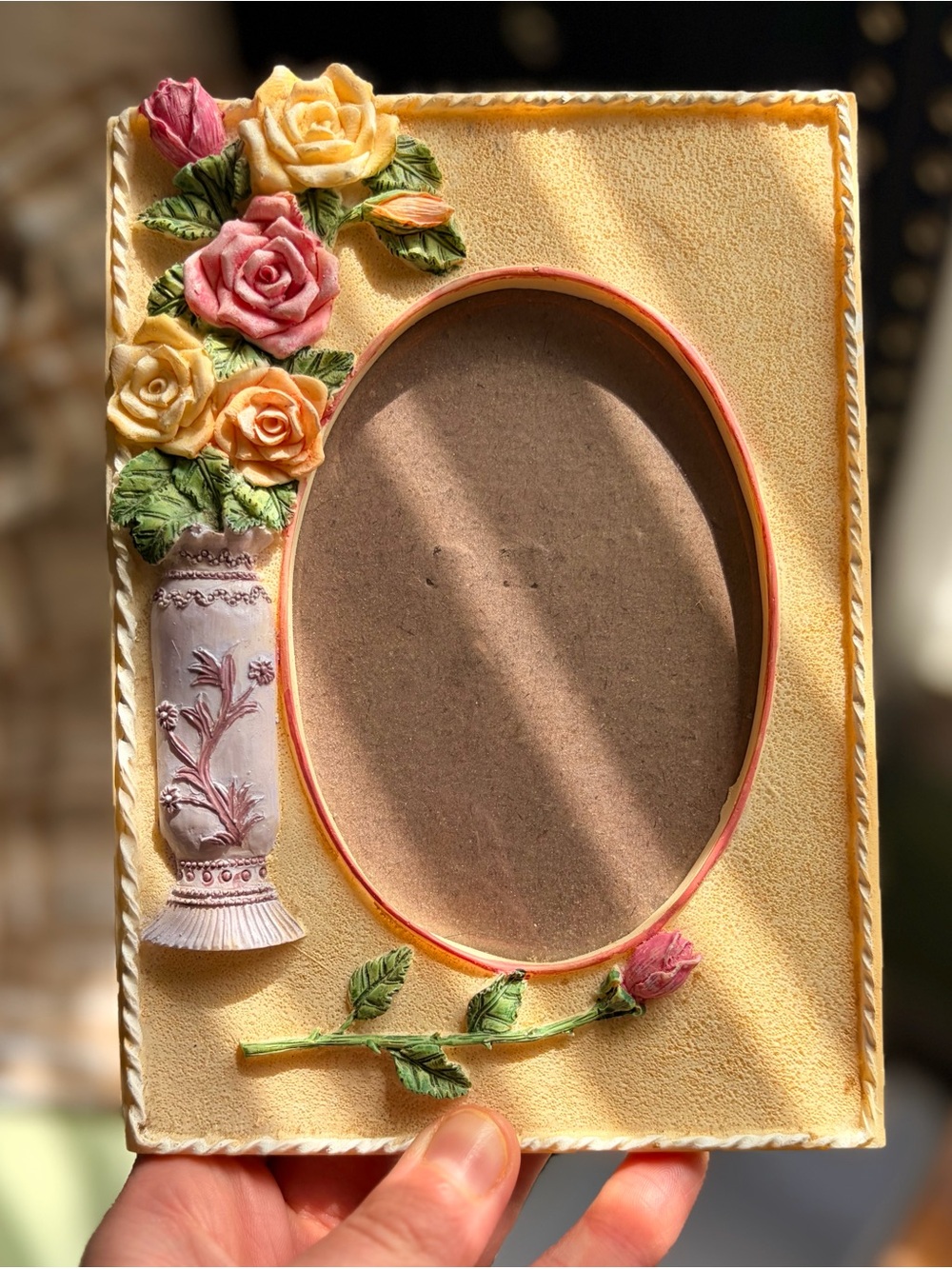 Vintage 3D Textured Orante Floral Resin Rose Picture Frame in Yellow and Pink